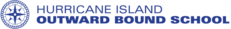 The image displays the logo of Hurricane Island Outward Bound School. The logo features a circular design with a compass rose in the center, surrounded by text that spells out the school's name. The text and the compass rose are in blue against a black background.